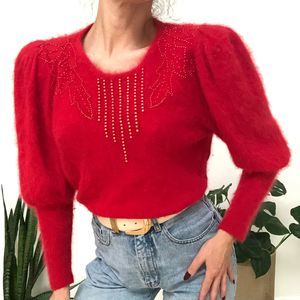 Vintage 80s angora red beaded puff sleeve sweater